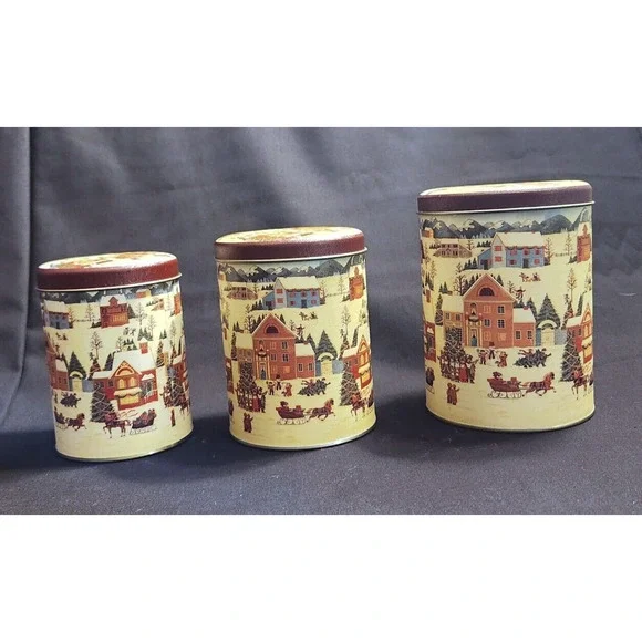 Christmas Tins with Snow Town Scene Looks New 3 pc 5 1/2", 5", 4 1/2" - Picture 2 of 7